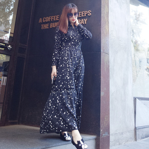 长裙 高腰雪纺连衣裙 中长袖