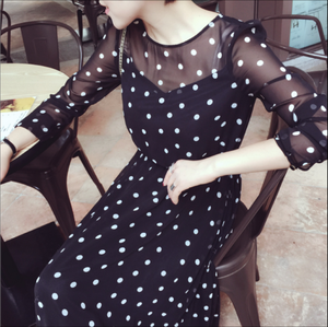 连衣长裙 黑色 高腰 波点