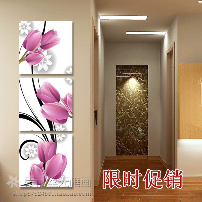 挂画现代客厅水晶无框画装饰画竖版玄关走廊花卉三联画郁金香壁画