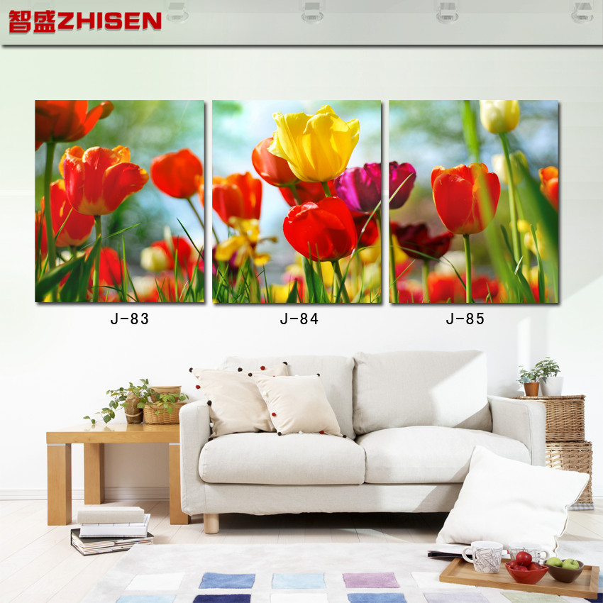 花卉郁金香 现代客厅装饰画 餐厅卧室玄关壁画挂画床头三联无框画