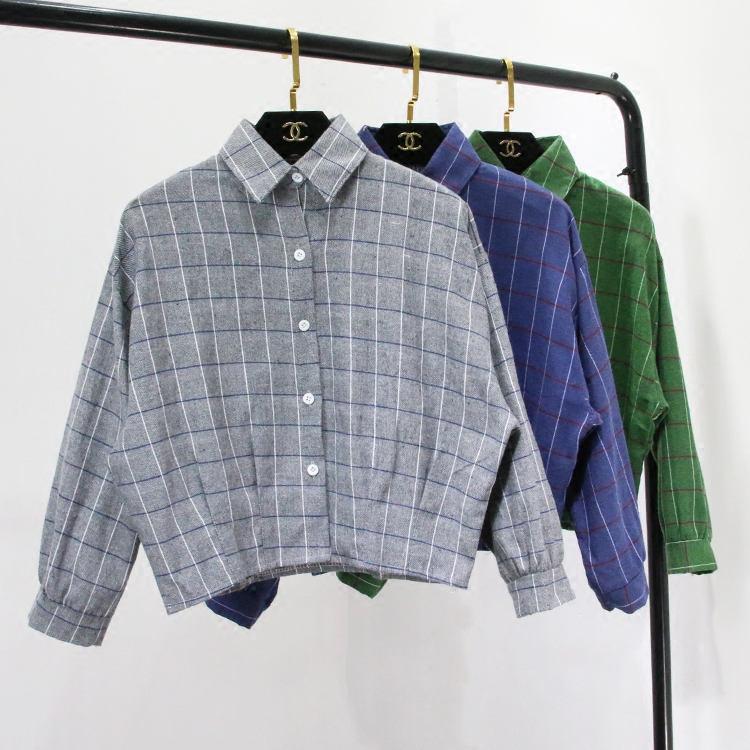 格子衬衫女2016夏新韩版学院风宽松蝙蝠袖女学生长袖短款韩范上衣