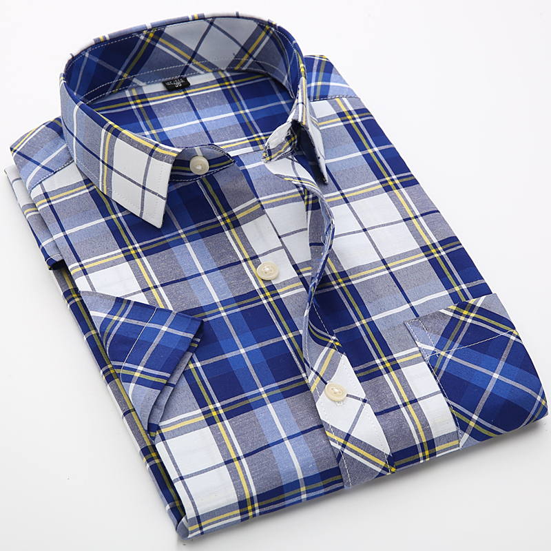 夏季男士短袖格子衬衫 男韩版修身青年装大码格子杉男半袖衬衣