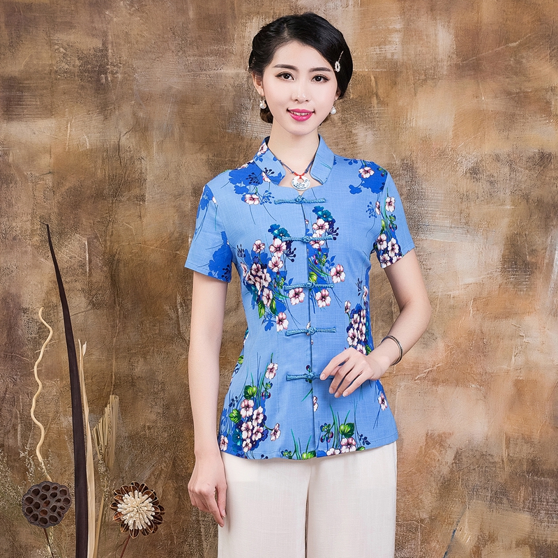 老年女装中年人婚礼喜庆妈妈装短袖中式改良棉麻唐装婆婆夏装上衣