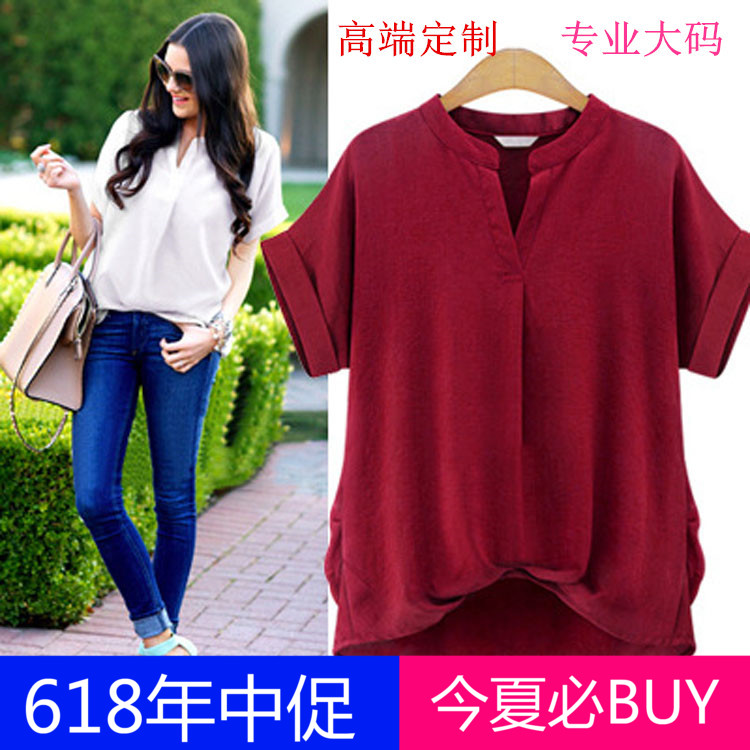2016夏新款欧美女装立领短袖宽松显瘦棉麻时尚衬衫上衣大码女装潮