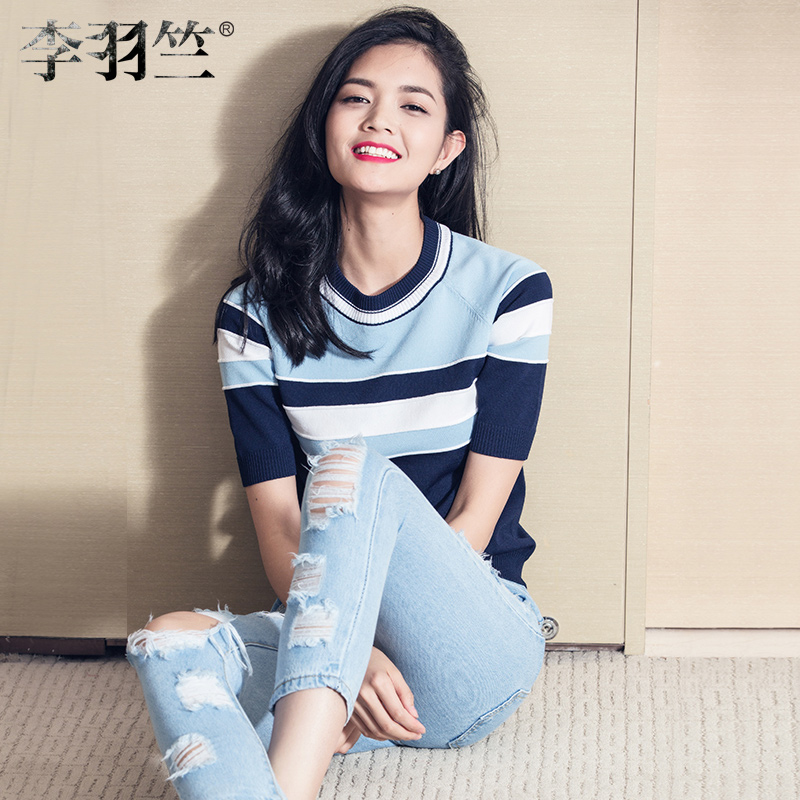 2016夏季新款条纹套头冰麻针织衫女短款中袖修身显瘦薄款女装上衣