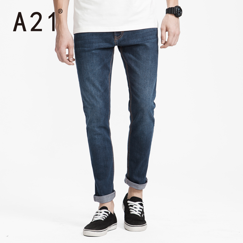 A21男装潮流百搭男士黑色小脚牛仔裤 男春季弹力长裤修身休闲男裤