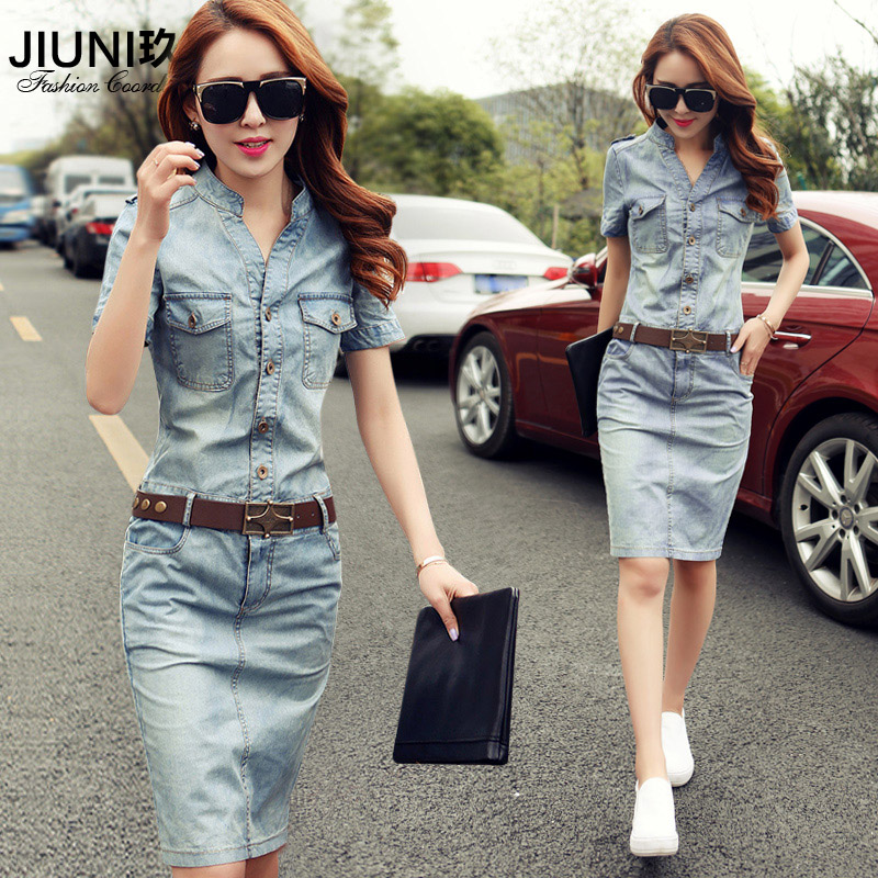 牛仔连衣裙女2016春夏新款韩版修身显瘦包臀薄款短袖中长款牛仔裙