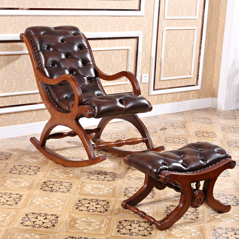 实木摇椅 美式乡村躺椅中老年人椅 欧式真皮阳台逍遥椅沙发休闲椅