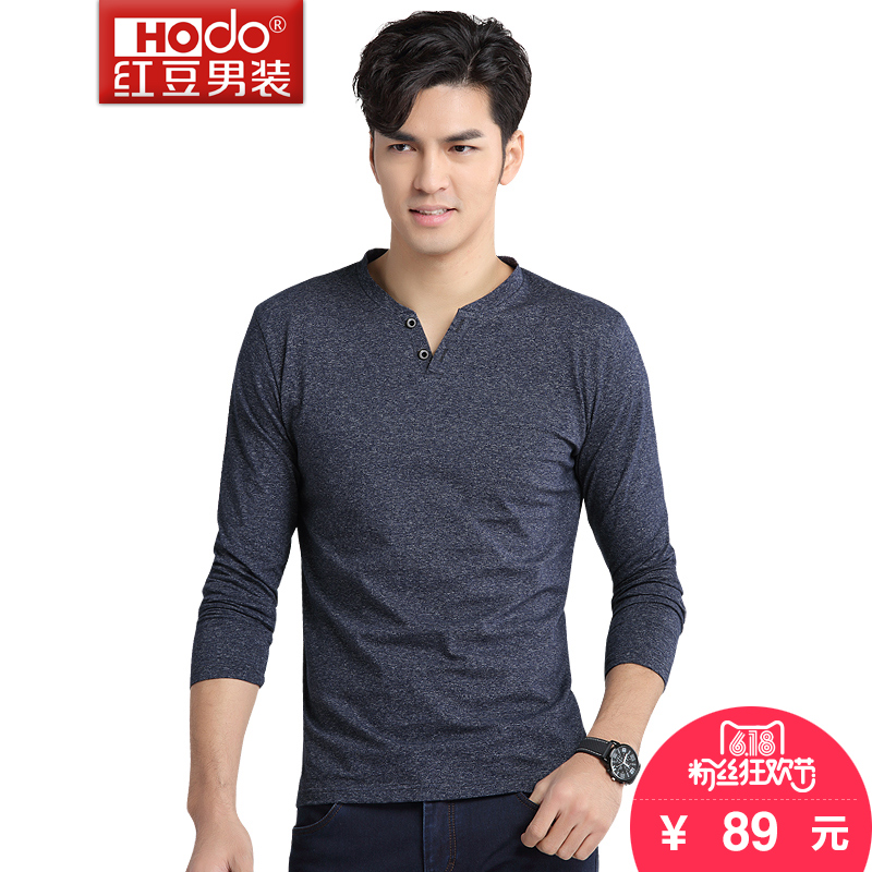 Hodo/红豆春装时尚修身V领T恤微弹男长袖T恤潮欧美简约个性男6209