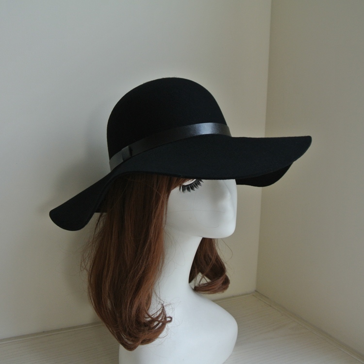 原单外贸hm潮男女秋冬黑色英伦蓝色大檐宽檐波浪皮带羊毛呢毡礼帽