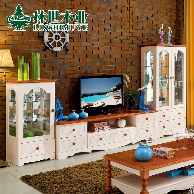 地中海美式电视柜茶几组合柜实木简约现代酒柜背景墙田园客厅家具