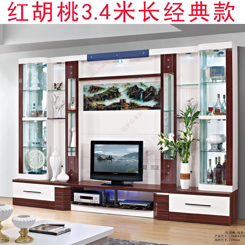 3.4米简约现代电视柜组合背景墙柜红白视电柜烤漆酒柜整体影视柜
