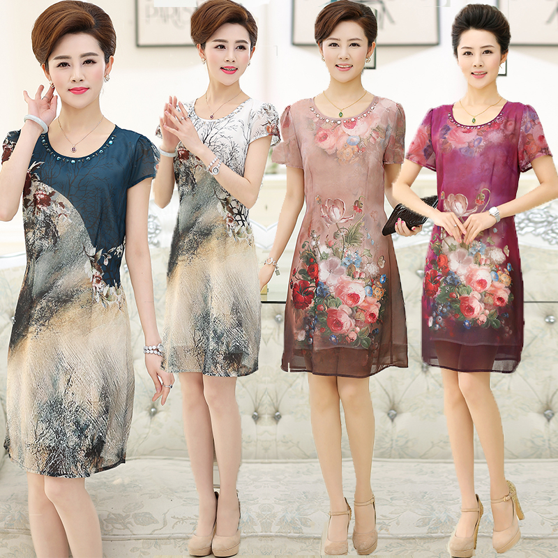 2016夏季新品中老年女装真丝短袖连衣裙中年妇女中长款桑蚕丝裙子