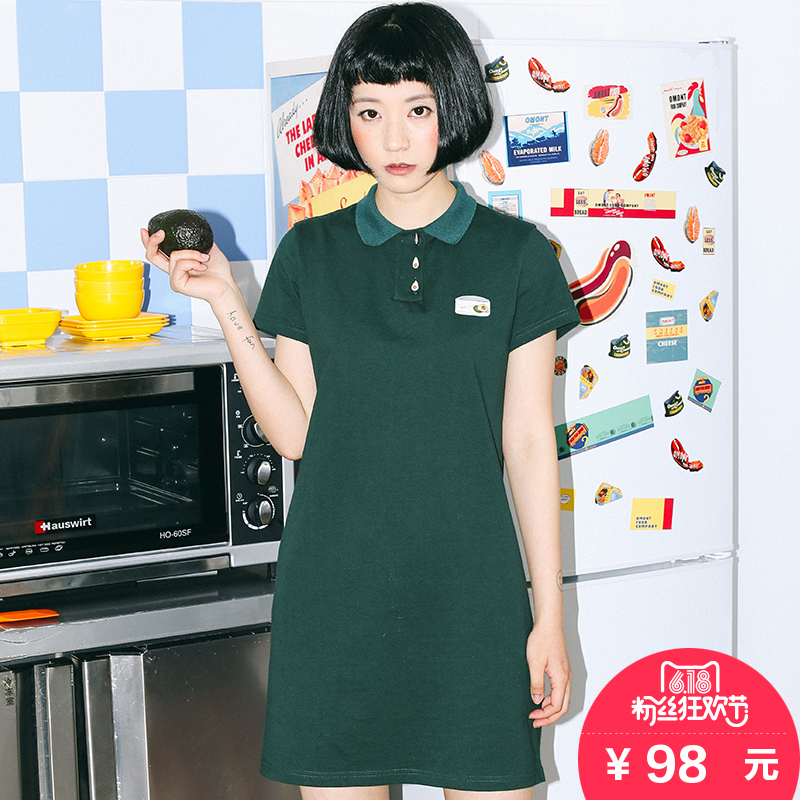 omont蛋挞家 2016新款学院风宽松polo翻领短袖长款t恤连衣裙女夏