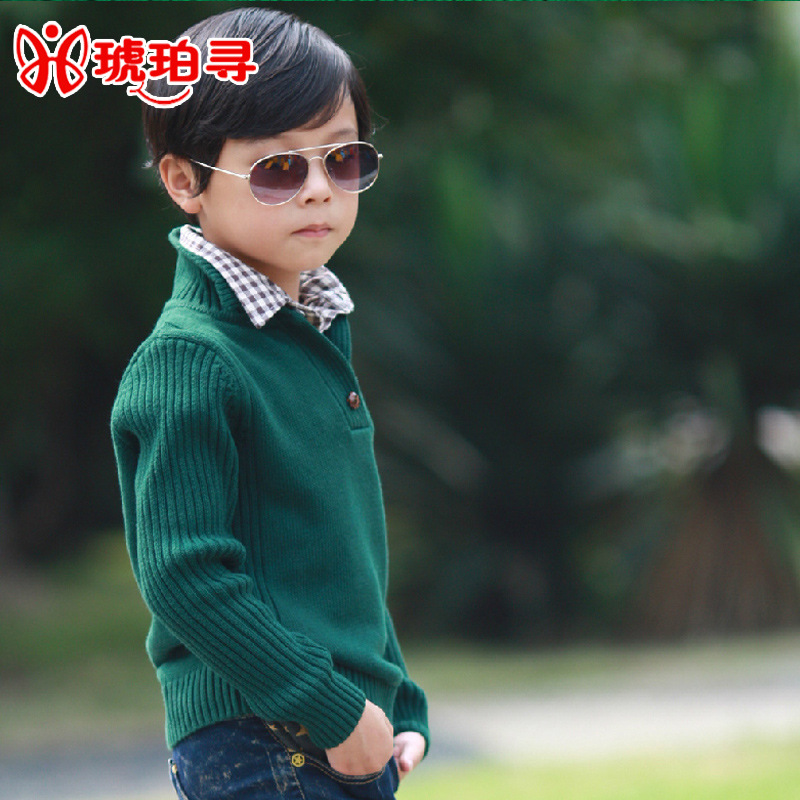 中大童春季新款童毛衣 假两件套纯棉时尚加厚童装保暖男童针织衫