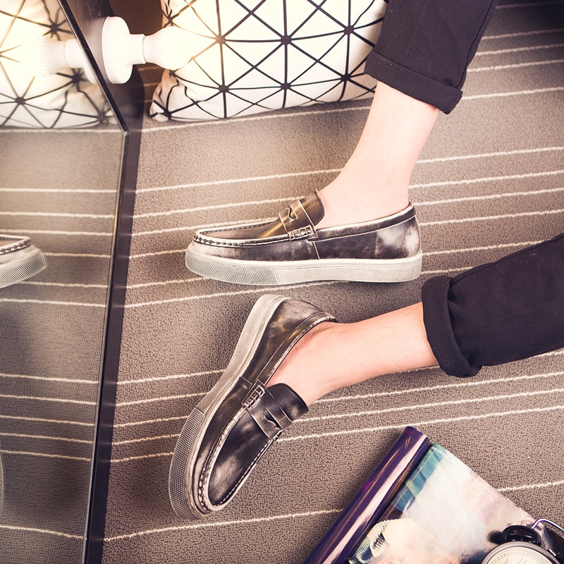 2016新款春季复古男鞋套脚休闲皮鞋真皮金属英伦潮鞋一脚蹬乐福鞋
