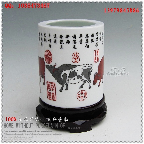 景德镇陶瓷笔筒 仿古粉彩瓷器笔筒 五牛图 笔筒/座/插/架工艺品2