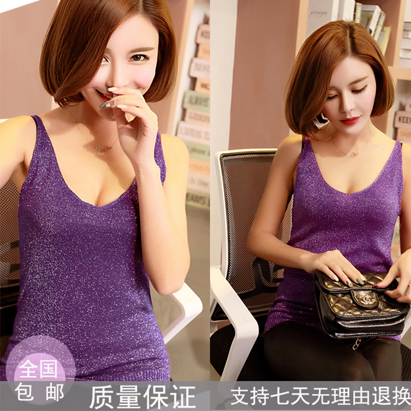 2016春夏新款韩版修身性感v领中长款针织亮丝打底衫吊带背心女潮