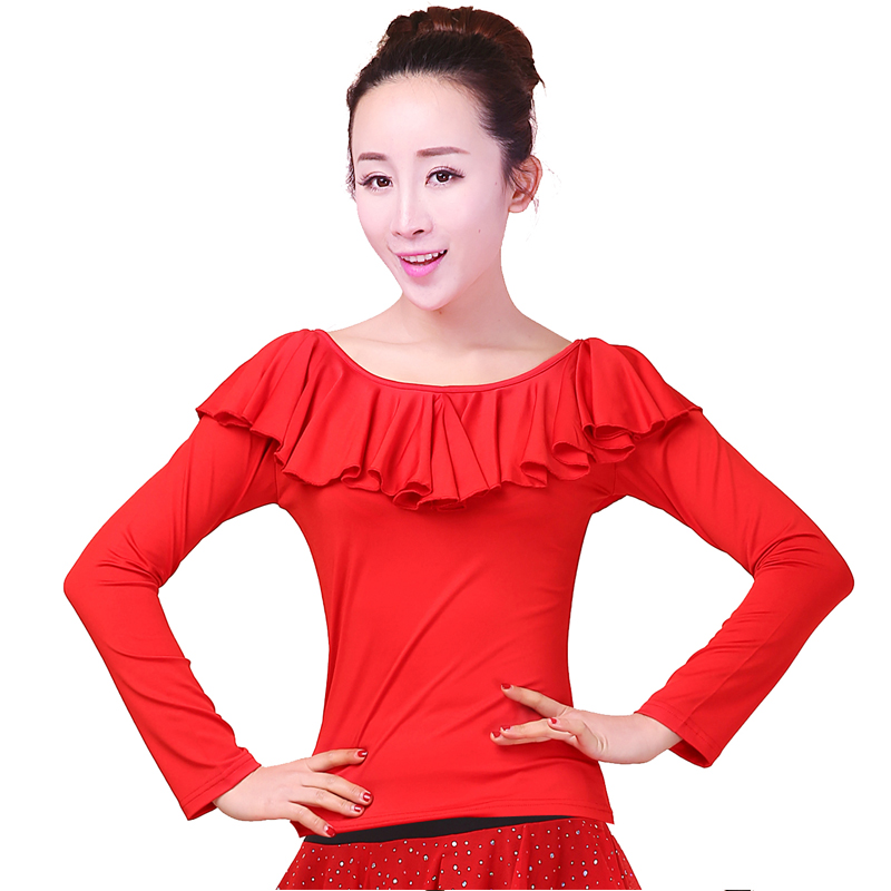 新款成人拉丁舞蹈服装广场舞长袖荷叶圆领上衣跳舞衣排舞练功服女