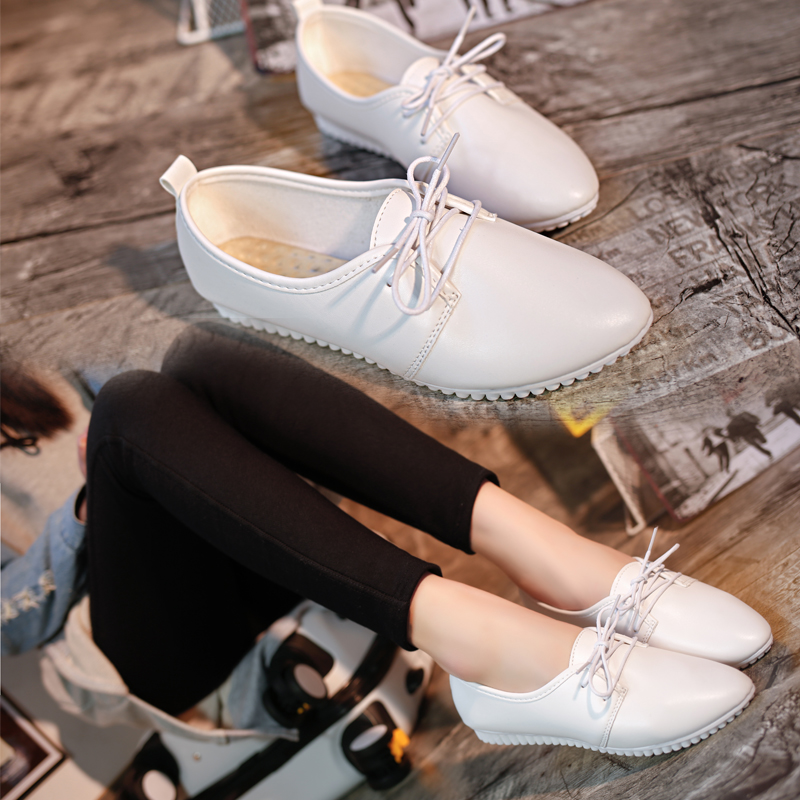 韩版2016年春夏平底系带平跟尖头小白鞋学生休闲单鞋豆豆鞋女鞋潮