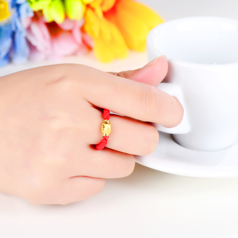 关于爱足金黄金戒指转运珠戒指手工红绳情侣对戒指女男情侣戒指