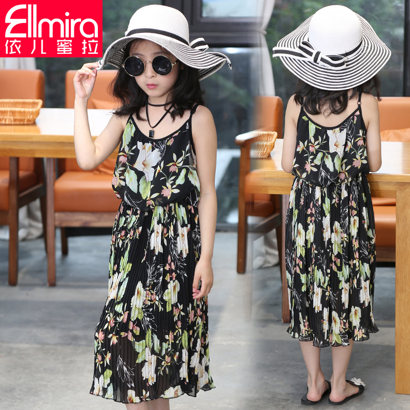 女童吊带裙儿童长裙连衣裙沙滩裙雪纺百褶裙中大童夏韩版海边度假