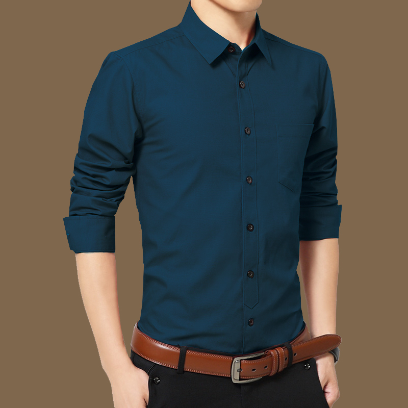 春季男士衬衫男长袖衬衣纯棉麻修身型薄款商务休闲纯色时尚男装