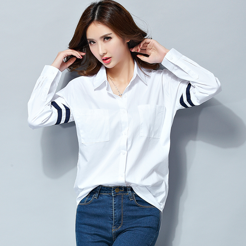 2016春款韩版BF风中长款白色衬衣宽松大码休闲百搭纯棉衬衫女长袖