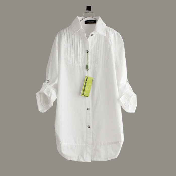 长袖打底白衬衫 女春季韩版中长款全棉显瘦修身大码休闲纯棉衬衣