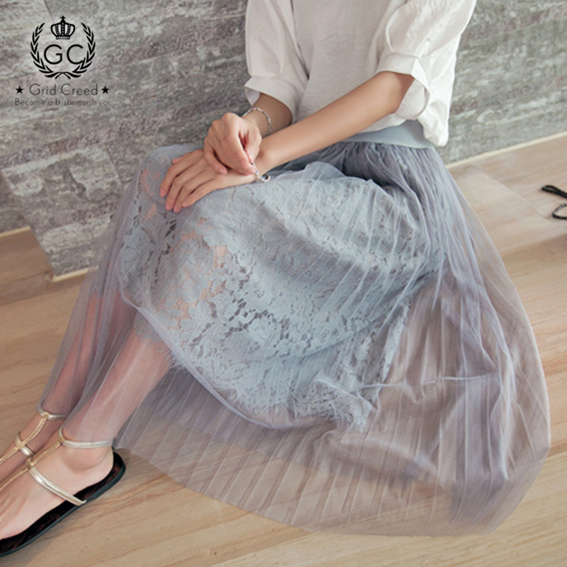 蕾丝半身裙春夏长裙高腰显瘦透视网纱蓬蓬裙仙女纱裙百褶A字裙子