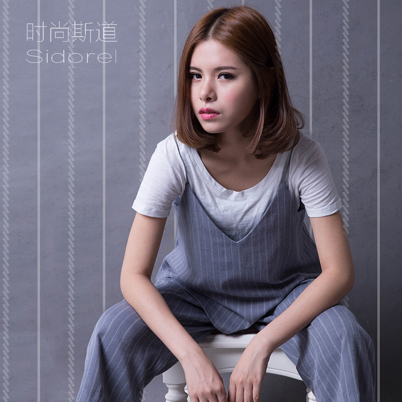 时尚韩版2016新款春季名媛气质吊带背心条纹阔腿裤套装女夏两件套