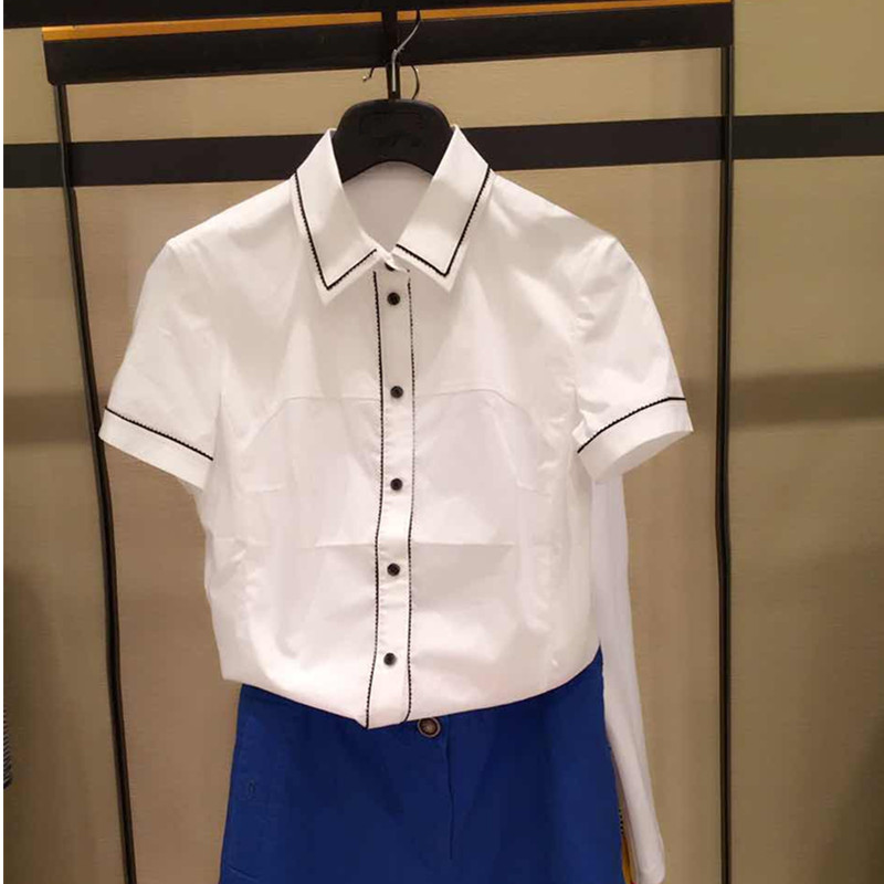 职业阿玛施特价2016夏装新款女装修身百搭纯色黑边刺绣短袖衬衫衣