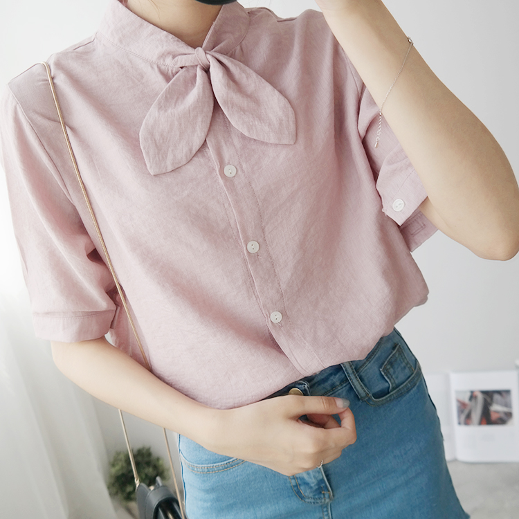 2016夏款宽松纯粉色衬衫上衣带蝴蝶结的女衬衣女雪纺韩版短袖领结