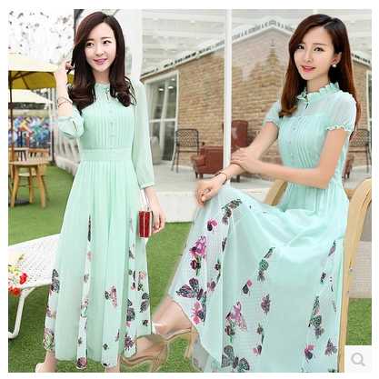 2016春夏新品雪纺连衣裙长袖韩版修身长裙淑女显瘦气质印花女裙子