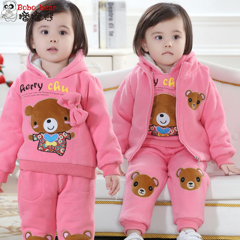 女童婴儿童装加绒卫衣三件套女宝宝冬装套装加厚棉衣冬季1-2-3岁