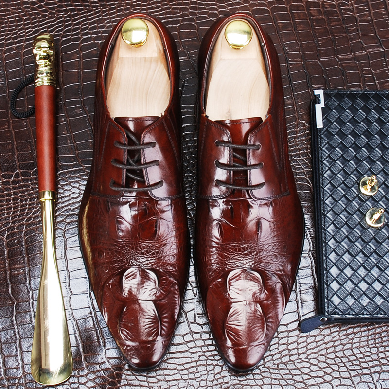 夏季男士商务正装皮鞋高档鳄鱼纹男鞋英伦真皮尖头系带婚鞋子正品
