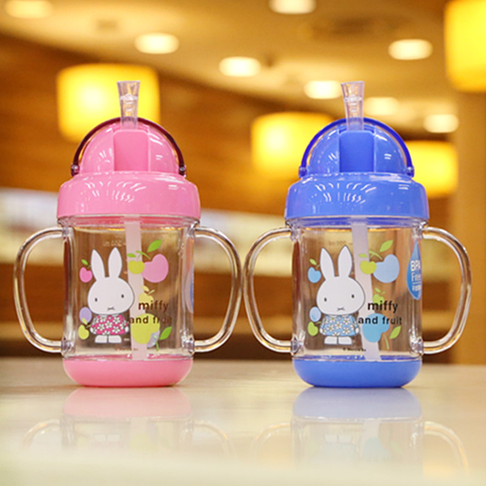 正品米菲兔迪士尼卡通儿童带手柄刻度塑料吸管杯防漏便携水壶水杯