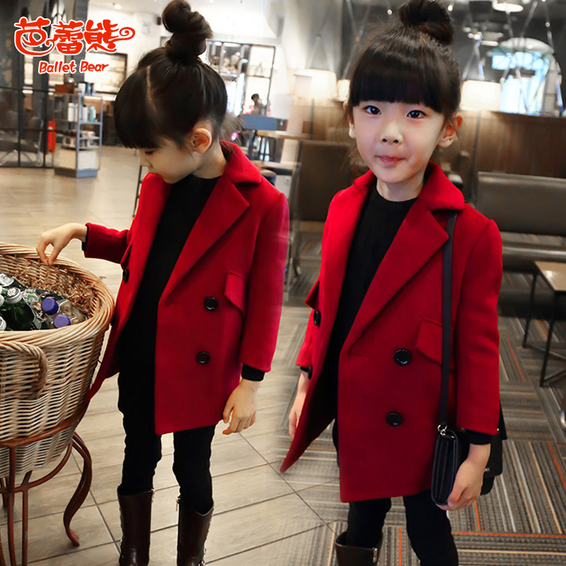 芭蕾熊 童装女童毛呢外套 2016中长款儿童春装新款中小童呢大衣潮