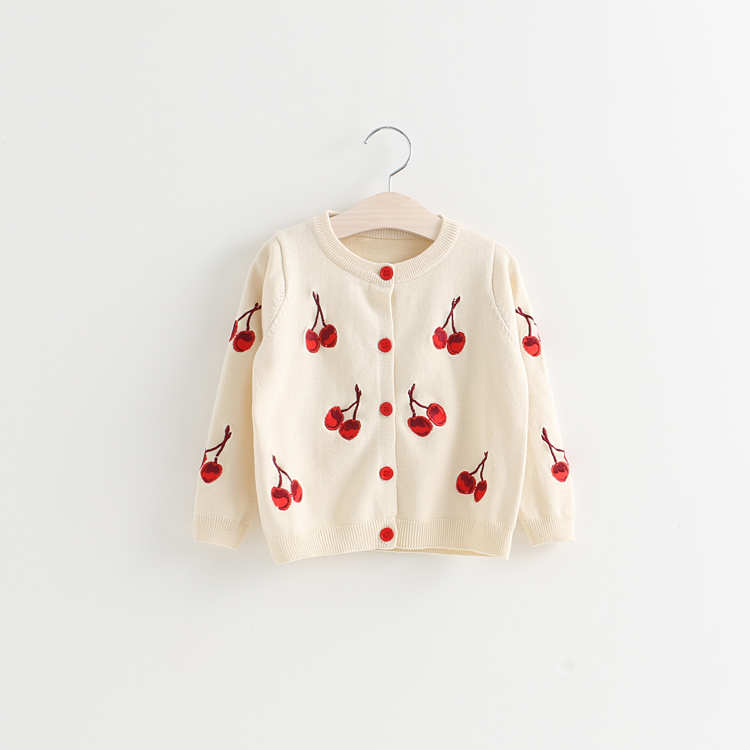 外贸原单2016春季新款女童针织开衫儿童可爱樱桃纯棉针织毛衣外套