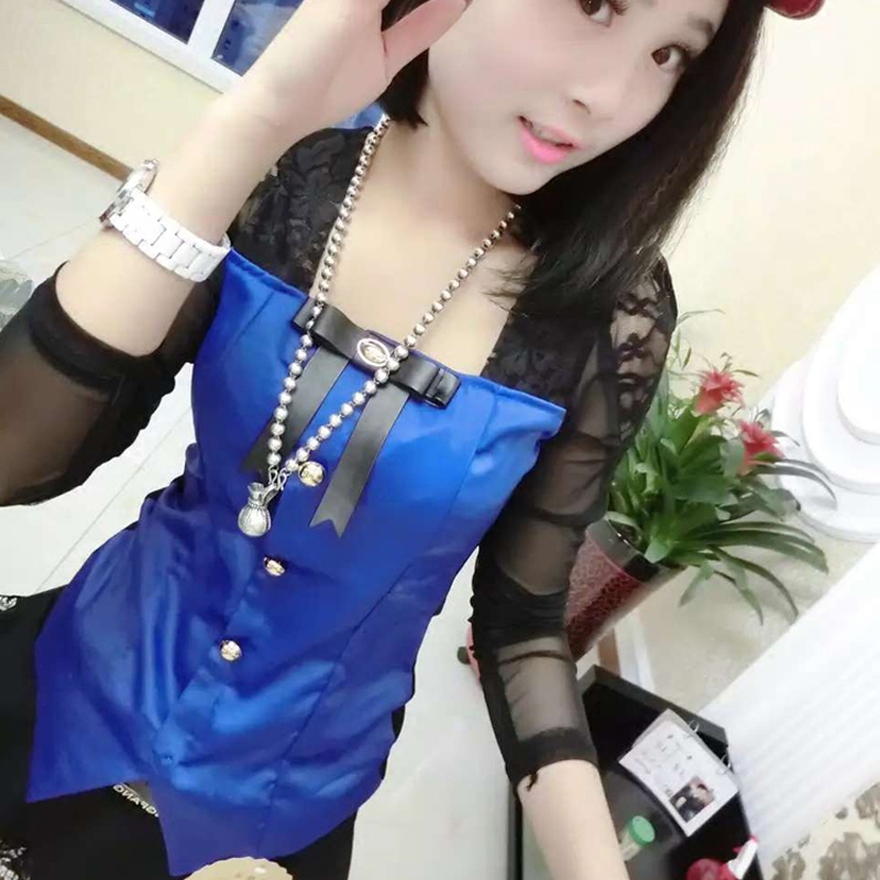 夏季女装上衣性感个性透视长袖打底衫韩版修身t恤潮流春白蕾丝衫