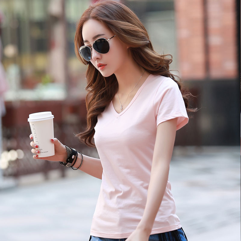 莫代尔t恤女士短袖修身韩范纯棉纯白t血鸡心领丅恤V领t桖上衣夏季