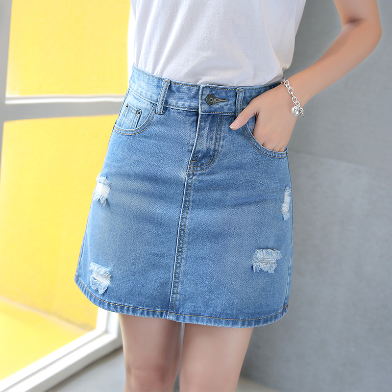 牛仔半身裙女夏 2016夏季韩国学院风大码高腰破洞短裙包臀a字裙潮