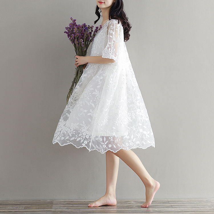 小清新森女文艺复古女仙女蕾丝连衣裙中长款