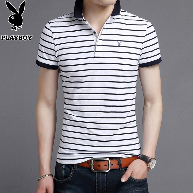 正品花花公子男士短袖t恤 男装T桖条纹体恤翻领POLO衫夏季上衣服