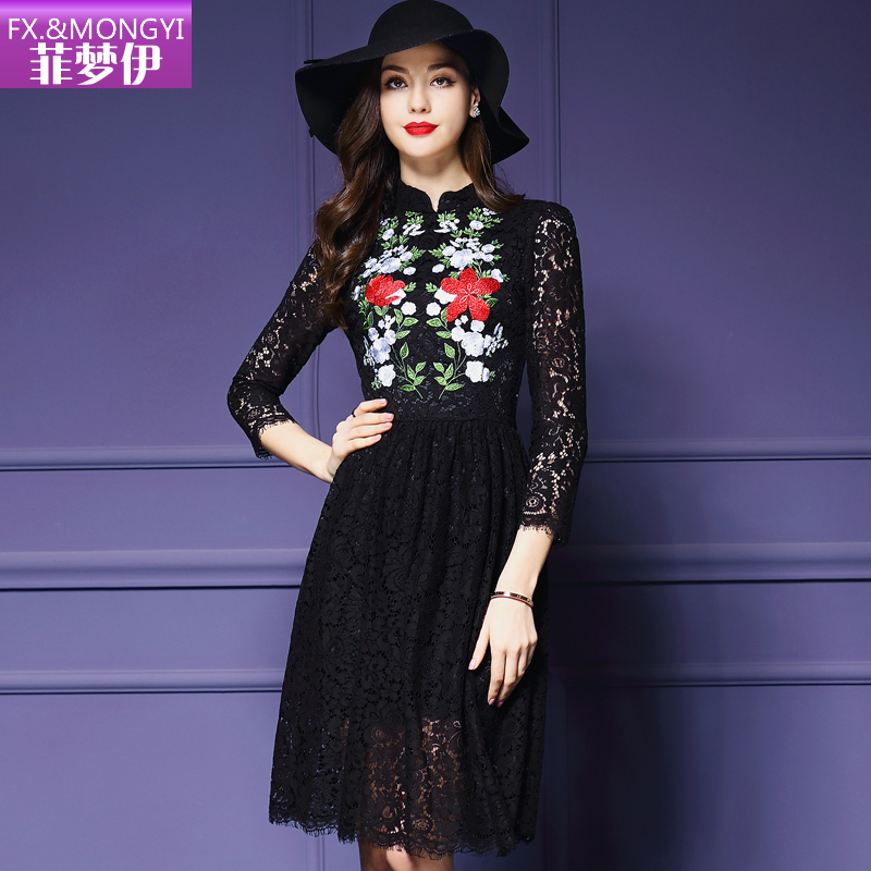 菲梦伊女装2016春新款 优雅旗袍领刺绣七分袖修身中长蕾丝连衣裙