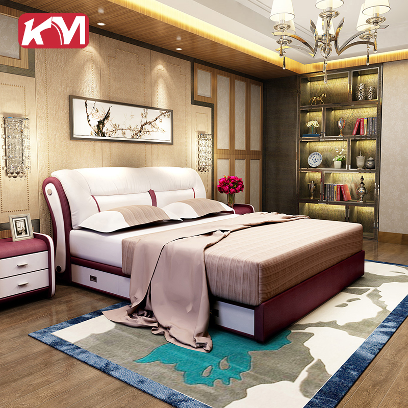 榻榻米储物真皮床婚床双人床1.8米卧室家具婚床皮床1.5皮艺床