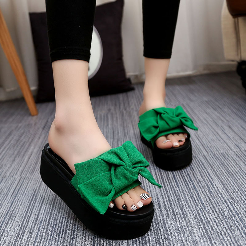 2016韩版松糕厚底拖鞋防滑蝴蝶结凉拖夏季新款女凉鞋时尚高跟女鞋