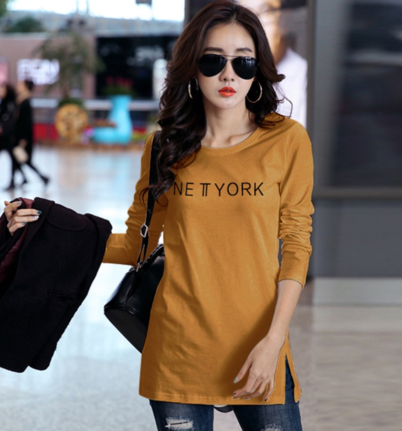 秋季新款韩版宽松t恤女装中长款长袖大码纯棉显瘦打底衫女士上衣