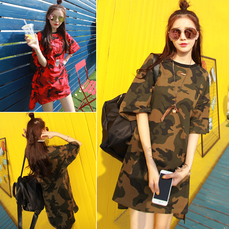 2016夏季新款韩版时尚宽松显瘦百搭中长款迷彩短袖t恤女学生上衣
