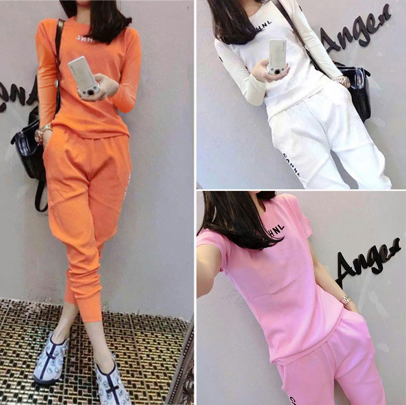 夏秋韩版大码休闲短袖运动服套装 女学生修身跑步哈伦长裤两件套